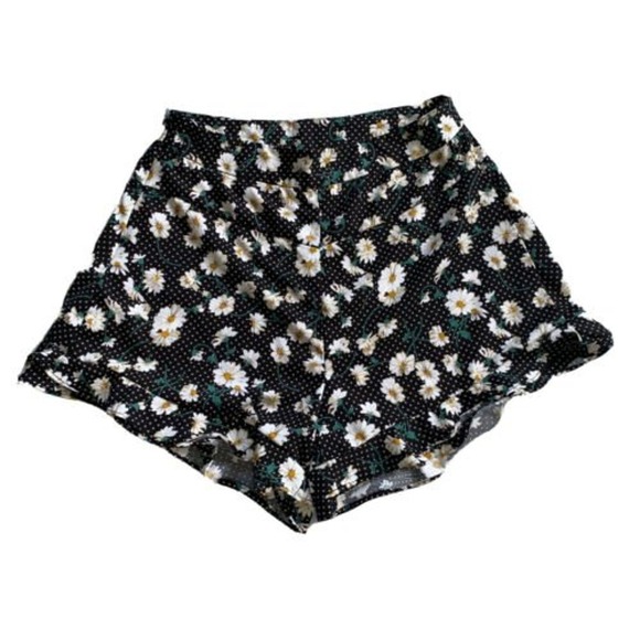 DRESSFO Pants - Daisy Floral Ruffle Shorts Polka Dot High Waist‎ Black Junior Size Medium